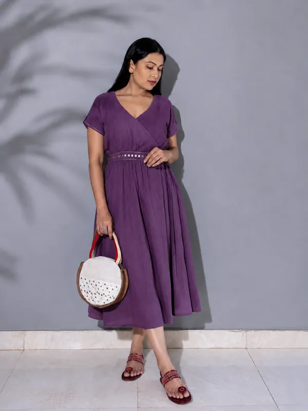 Purple_Cotton_Wrap_Style_Midi_Dress_For_Women