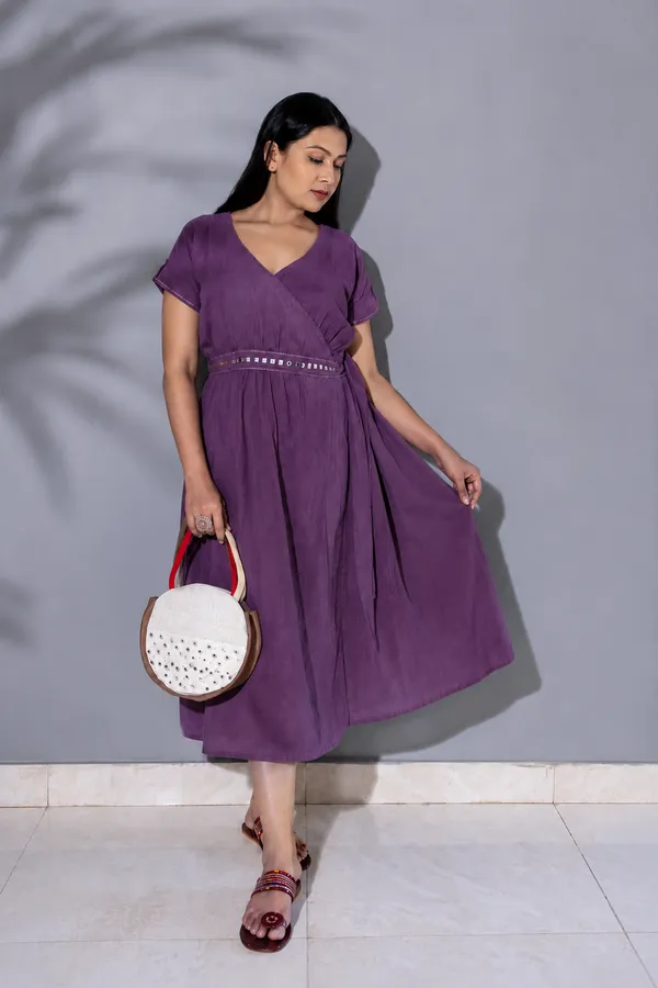 Purple_Cotton_Wrap_Style_Midi_Dress_For_Women