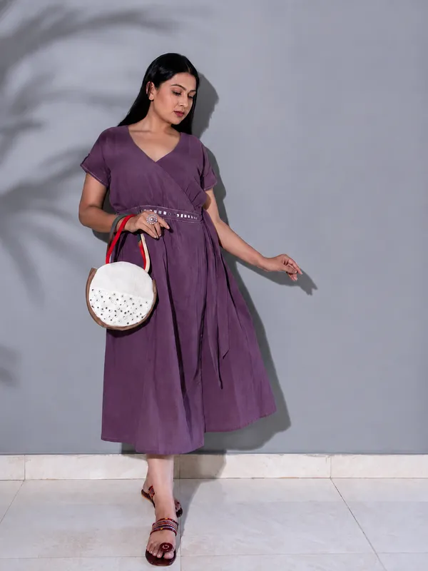Purple_Cotton_Wrap_Style_Midi_Dress_For_Women