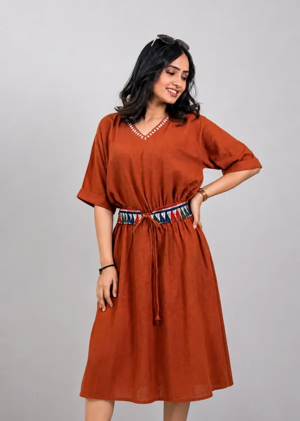 Rust_Cotton_V_Neck_Embroidered_Waistband_Midi_Dress_For_Women