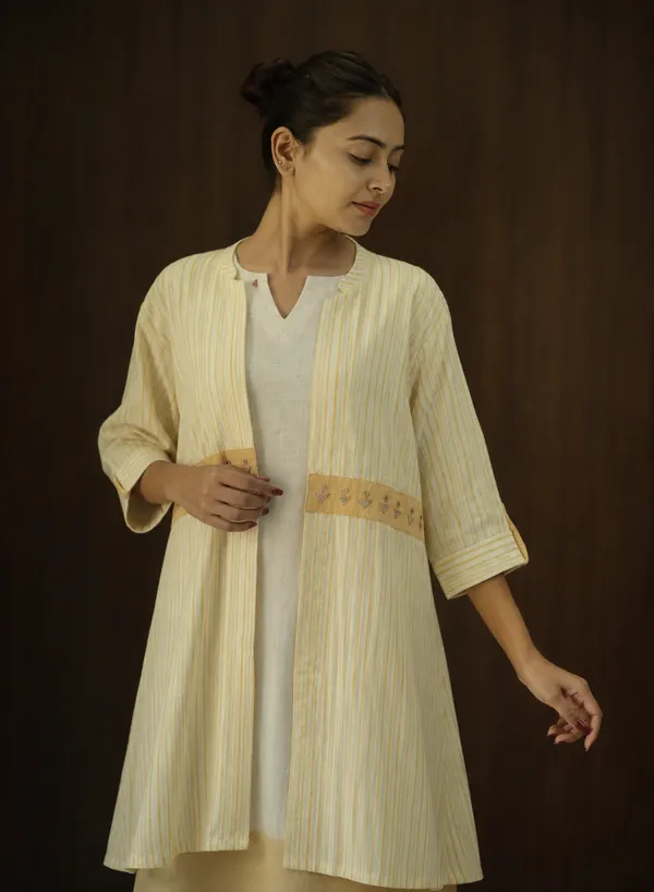 Beige_Kala_Cotton_Striped_Longline_Shrug_For_Women