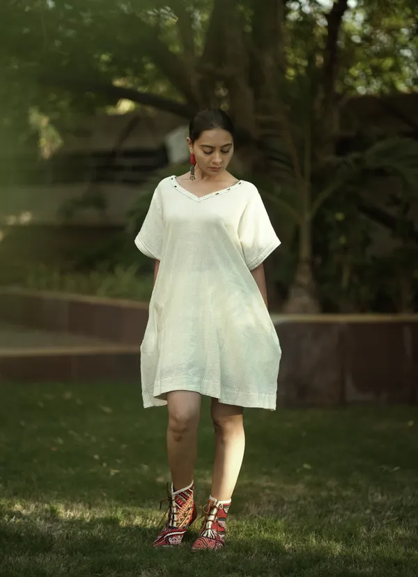 White_Kala_Cotton_Loose_Fit_A_Line_Short_Dress_For_Women
