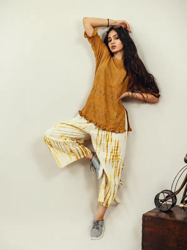 Mustard_Cotton_Embroidered_Top_And_Tie_Dye_Palazzo_Set_For_Women