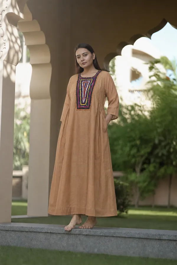 Tan_Embroidered_Yoke_A_Line_Midi_Dress