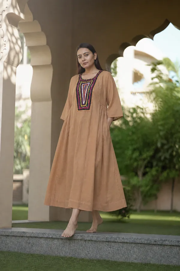 Tan_Embroidered_Yoke_A_Line_Midi_Dress