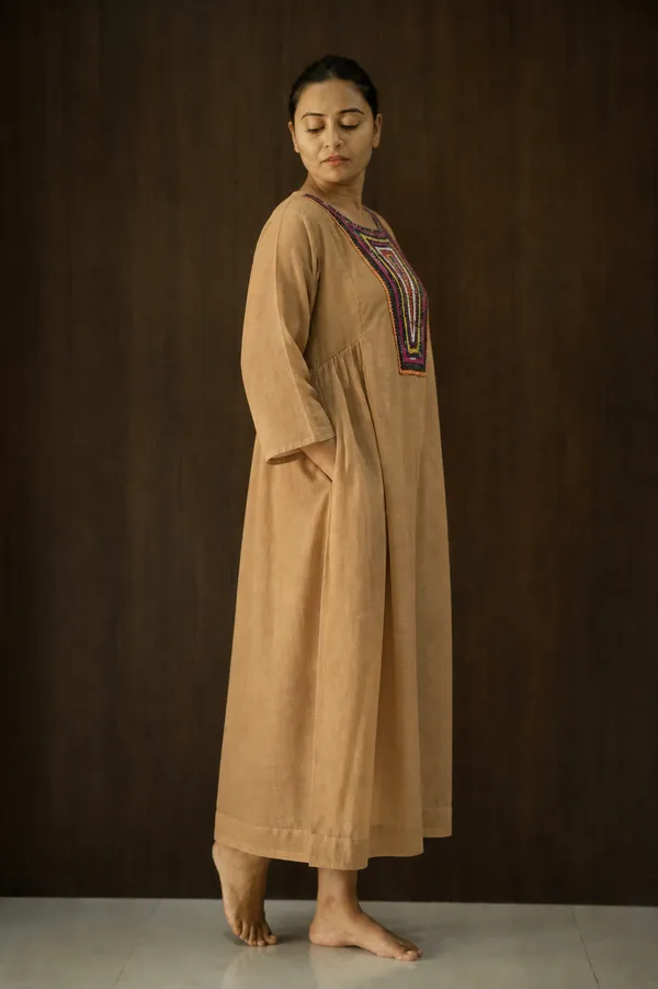 Tan_Embroidered_Yoke_A_Line_Midi_Dress