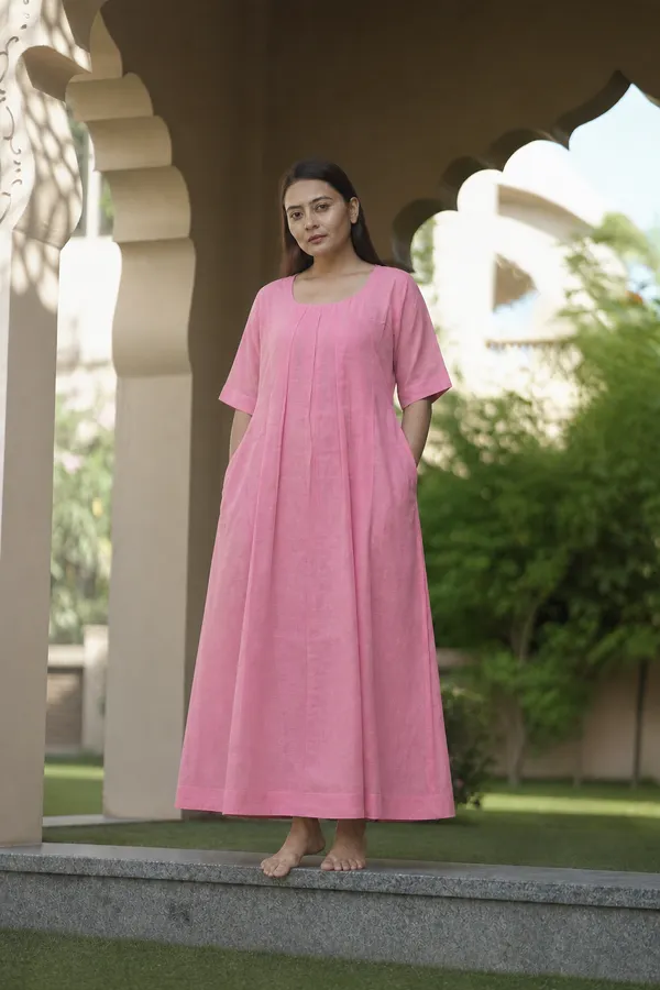 Pink_Cotton_Loose_Fit_A_Line_Midi_Dress