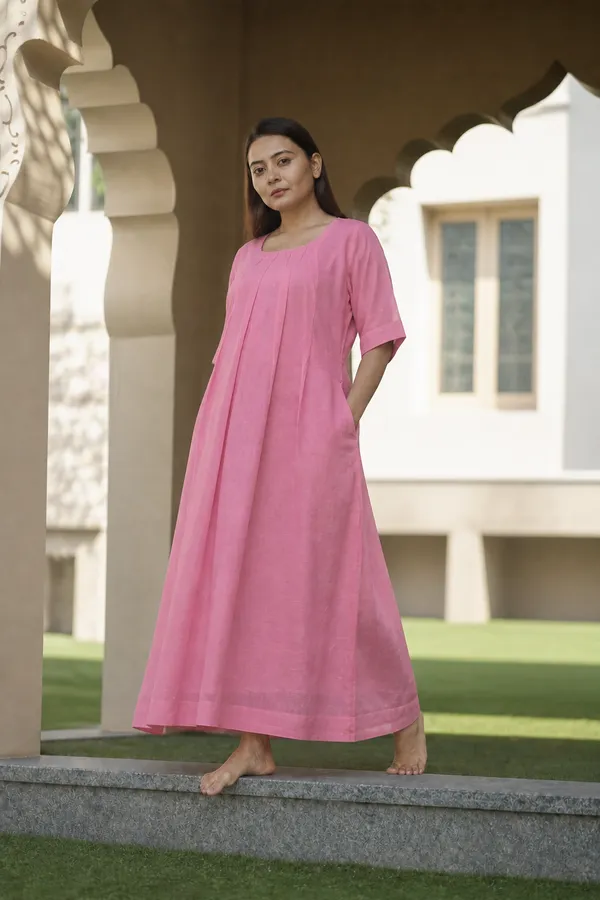 Pink_Cotton_Loose_Fit_A_Line_Midi_Dress