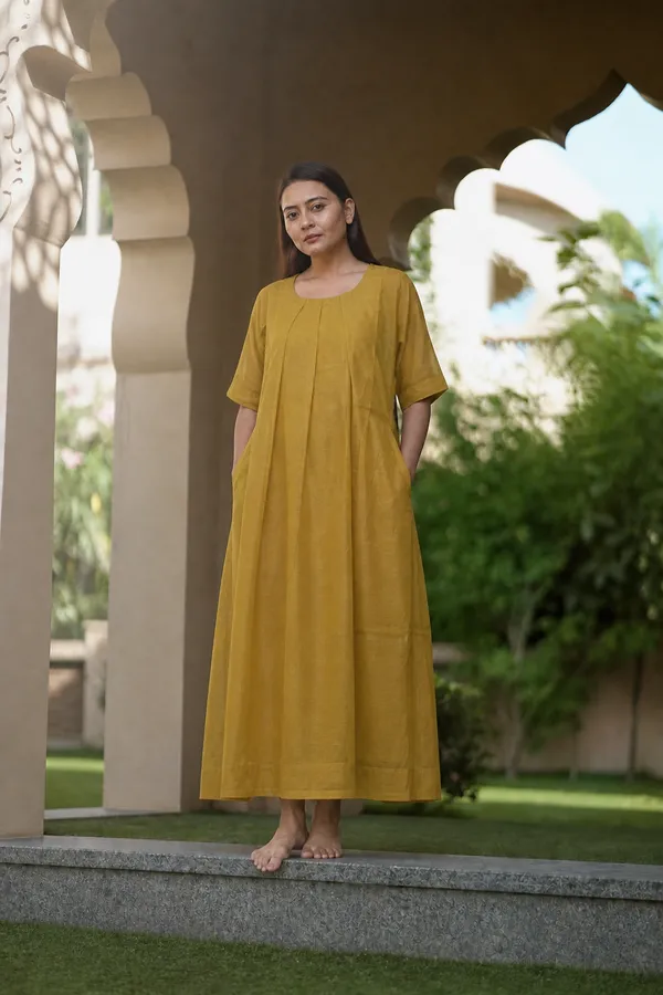 Mustard_Cotton_Pleated_Maxi_Dress