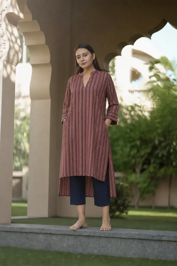 Rust_Striped_High_Low_Kurta