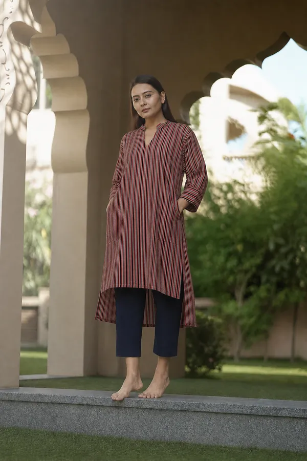 Rust_Striped_High_Low_Kurta