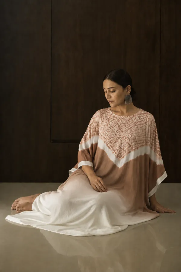 Beige_White_Ombre_Shibori_Kaftan_Dress