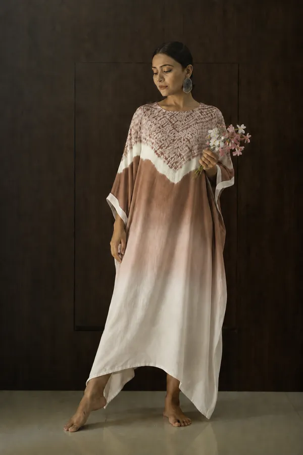 Beige_White_Ombre_Shibori_Kaftan_Dress