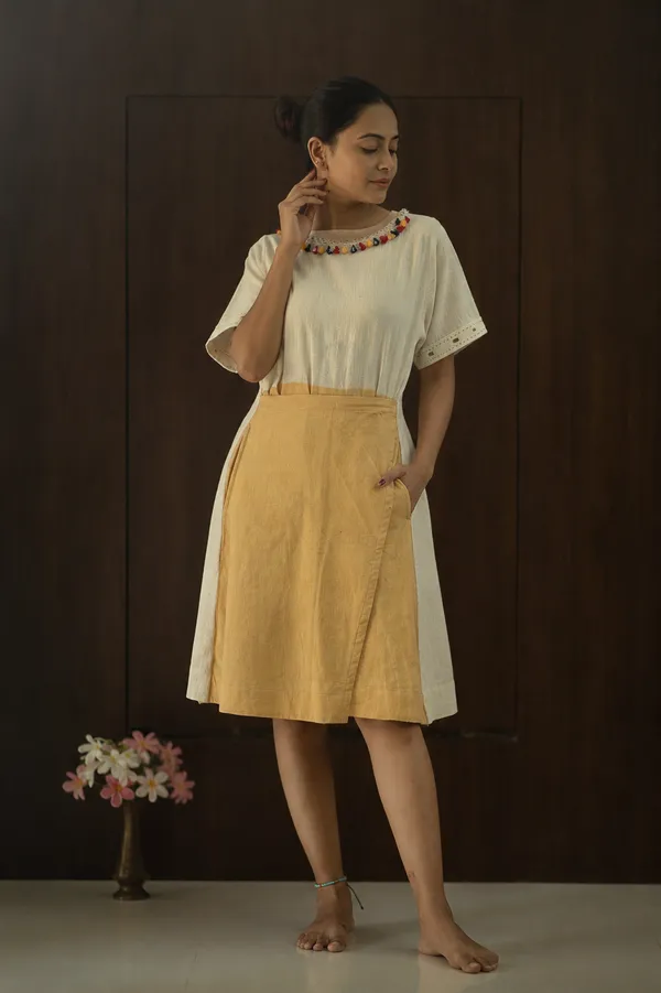 Off_White_Mustard_Cotton_Asymmetric_Wrap_Dress_For_Women