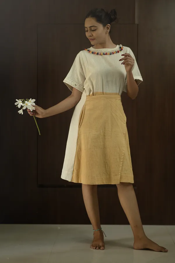 Off_White_Mustard_Cotton_Asymmetric_Wrap_Dress_For_Women