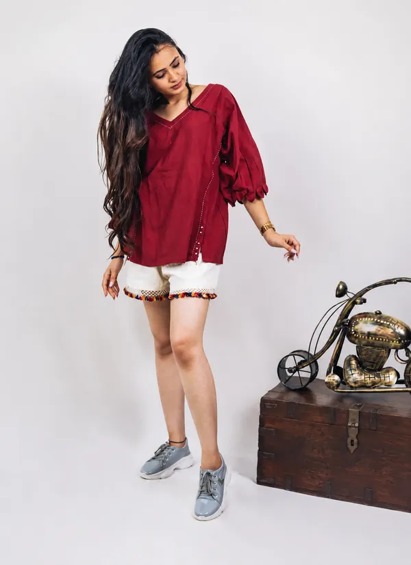 Maroon_Cotton_V_Neck_Bell_Sleeve_Top_For_Women