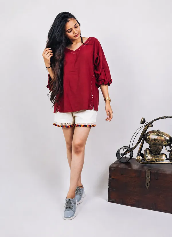 Maroon_Cotton_V_Neck_Bell_Sleeve_Top_For_Women