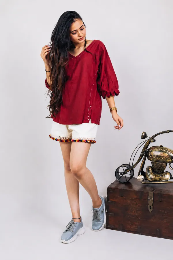 Maroon_Cotton_V_Neck_Bell_Sleeve_Top_For_Women
