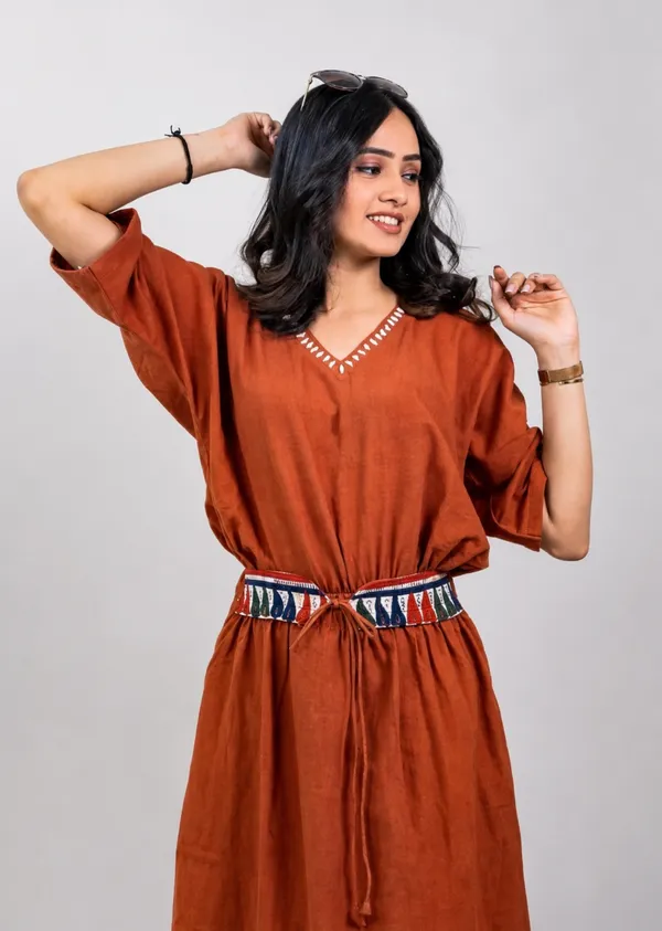 Rust_Cotton_V_Neck_Embroidered_Waistband_Midi_Dress_For_Women