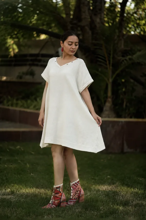 White_Kala_Cotton_Loose_Fit_A_Line_Short_Dress_For_Women
