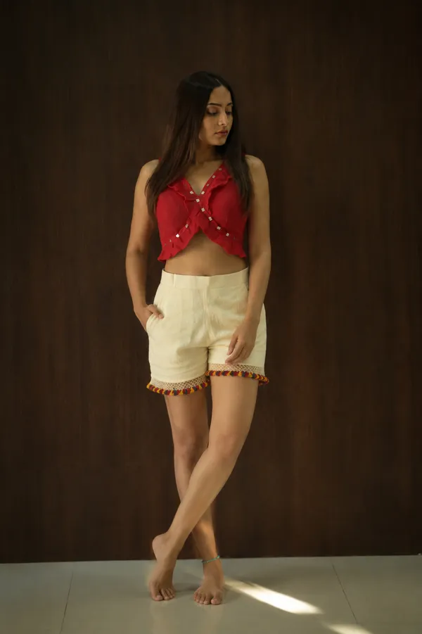 Red_Kala_Cotton_Mirror_Work_Crop_Top_And_Shorts_Set_For_Women