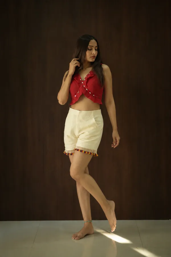 Red_Kala_Cotton_Mirror_Work_Crop_Top_And_Shorts_Set_For_Women