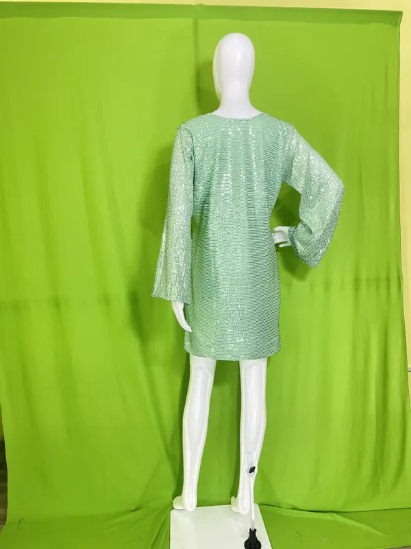 Mint_Green_Synthetic_Sequin_Bell_Sleeve_Wrap_Mini_Party_Dress_For_Women