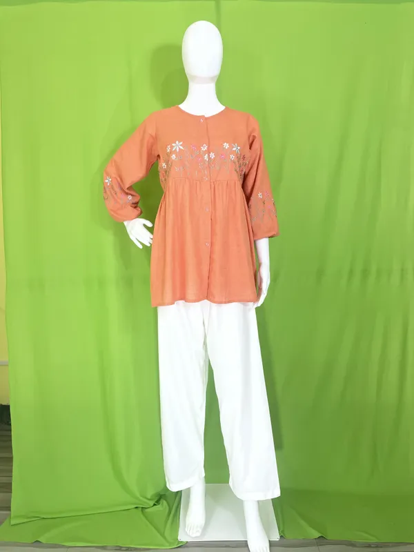 Orange_Rayon_Floral_Embroidered_Tunic_And_Wide-Leg_Trouser_Set_For_Women