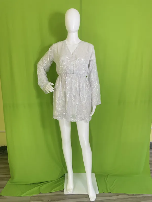 White_Synthetic_Sequin_V-Neck_Long_Sleeve_Mini_Party_Dress_For_Women