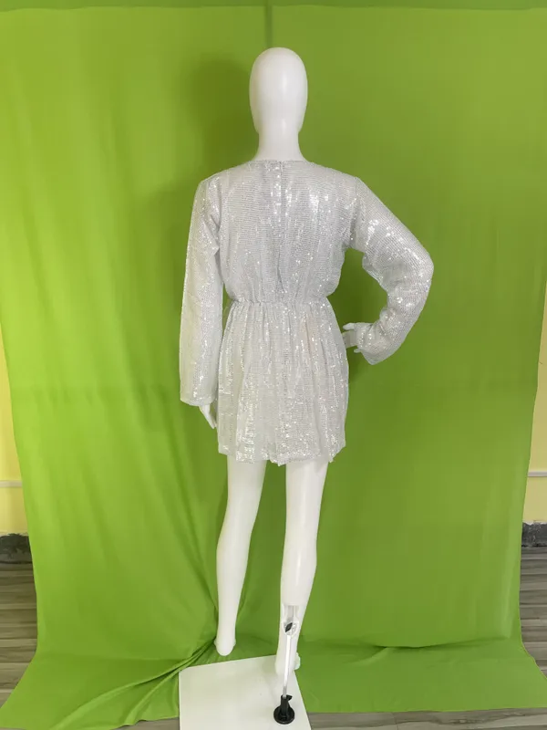 White_Synthetic_Sequin_V-Neck_Long_Sleeve_Mini_Party_Dress_For_Women