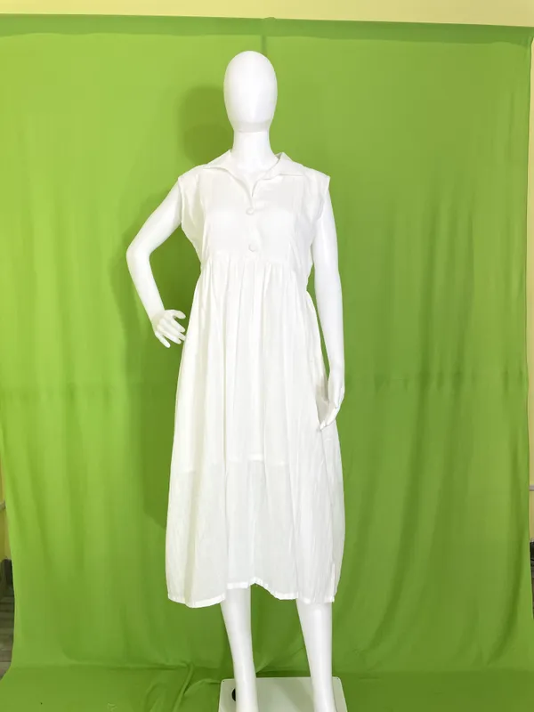 White_Mul_Cotton_Sleeveless_Button-Up_Collar_Midi_Dress_For_Women