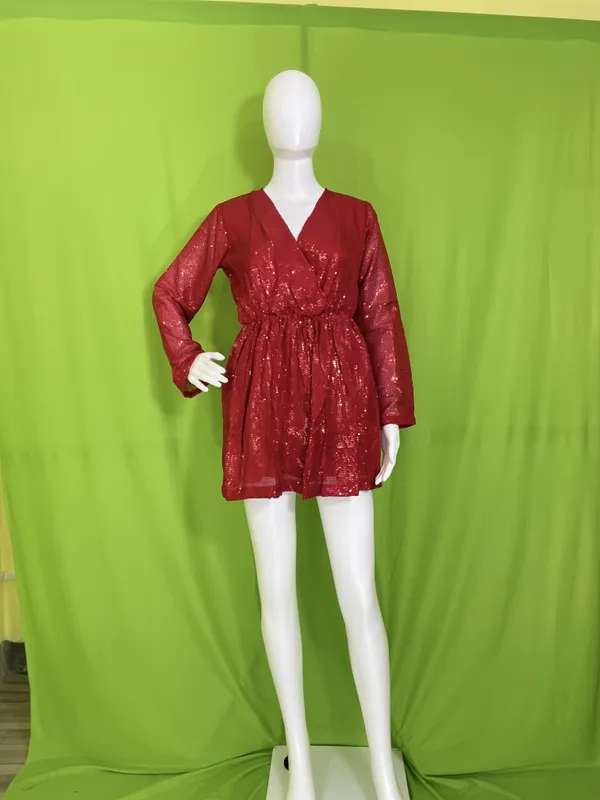 Red_Synthetic_Sequin_V-Neck_Long_Sleeve_Mini_Party_Dress_For_Women