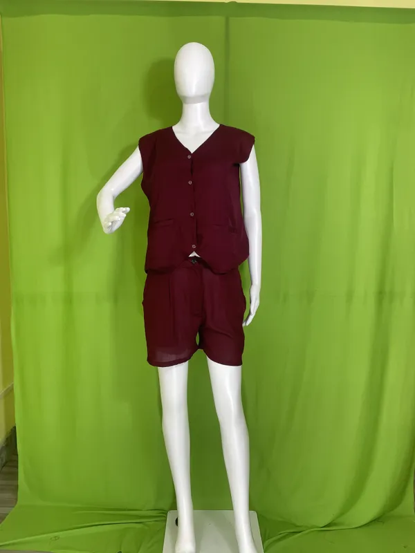 Maroon_Cotton_Shorts_And_Jacket_Top_Two-Piece_Set_For_Women