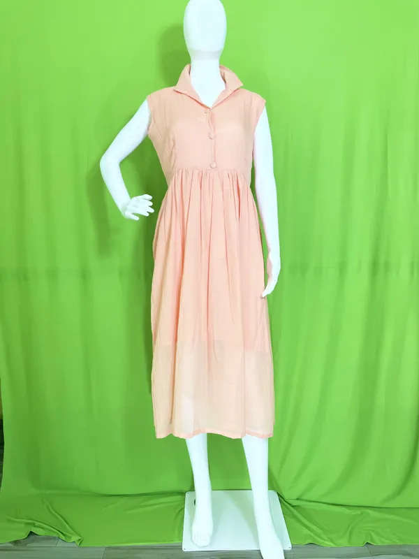 Peach_Mul_Cotton_Sleeveless_Button-Up_Collar_Midi_Dress_For_Women