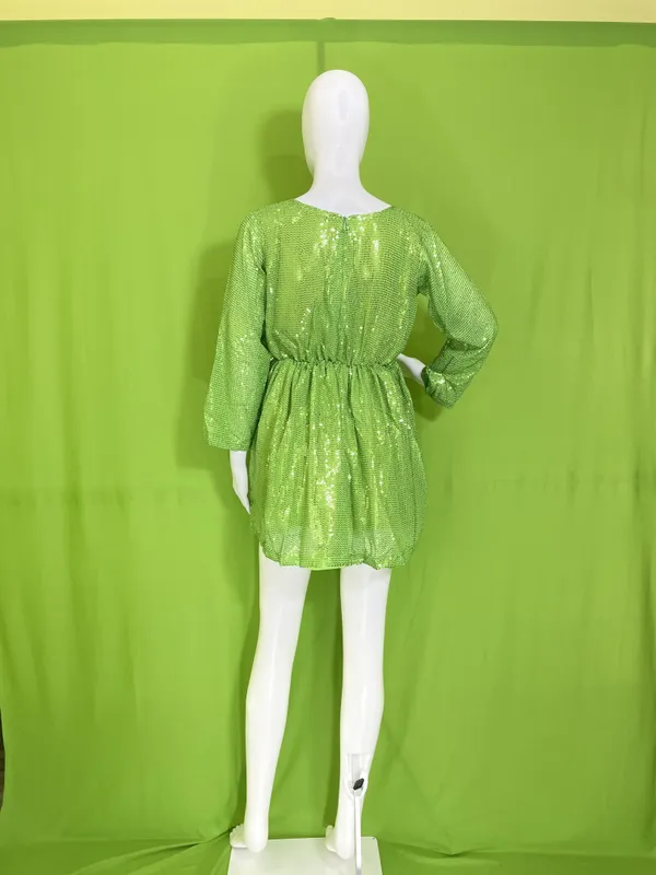 Neon_Green_Synthetic_Sequin_V-Neck_Long_Sleeve_Mini_Party_Dress_For_Women
