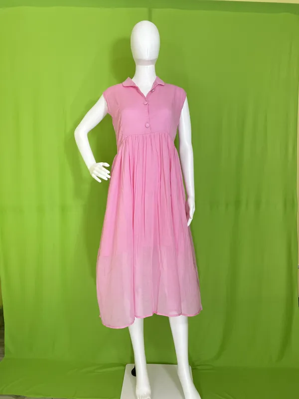 Pink_Mul_Cotton_Sleeveless_Button-Up_Collar_Midi_Dress_For_Women
