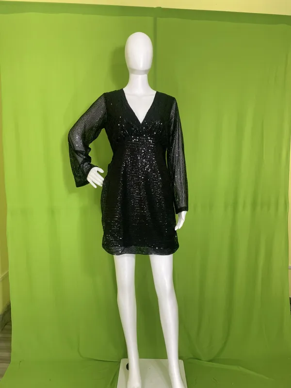 Sequin_Wrap_Mini_Party_Dress_With_Bell_Sleeves-Black