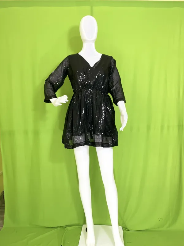 Black_Synthetic_Sequin_V-Neck_Long_Sleeve_Mini_Party_Dress_For_Women