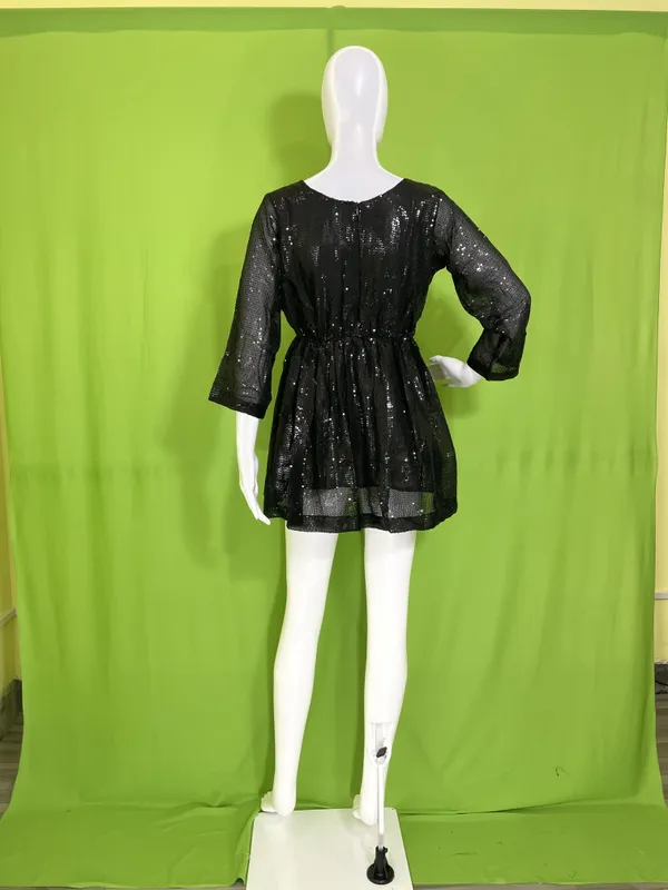 Black_Synthetic_Sequin_V-Neck_Long_Sleeve_Mini_Party_Dress_For_Women