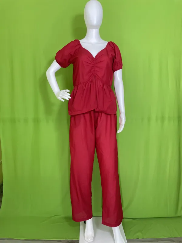 Red_Mul_Cotton_V-Neck_Peplum_Top_Co-Ord_Set_For_Women