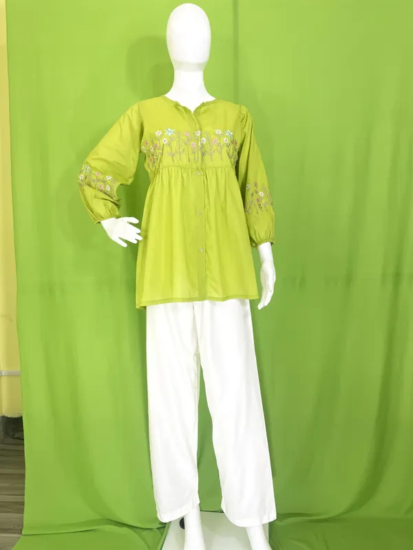 Green_Rayon_Floral_Embroidered_Tunic_And_Wide-Leg_Trouser_Set_For_Women