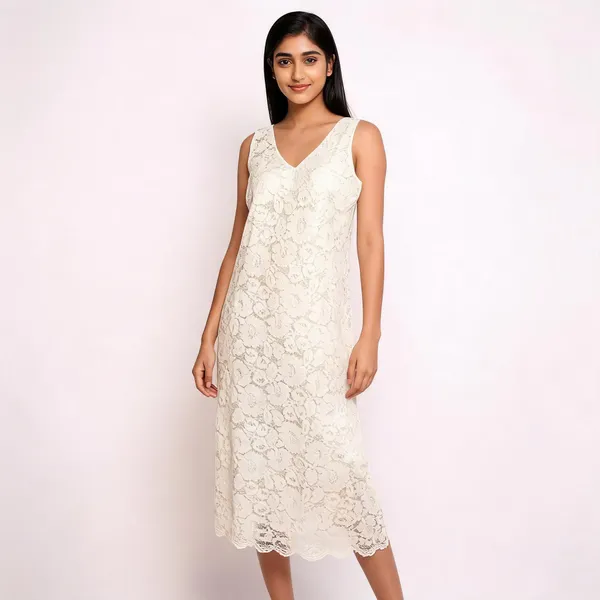 Cream_Cotton_Blend_Sleeveless_V-Neck_Floral_Lace_Midi_Dress_For_Women