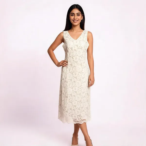 Cream_Cotton_Blend_Sleeveless_V-Neck_Floral_Lace_Midi_Dress_For_Women