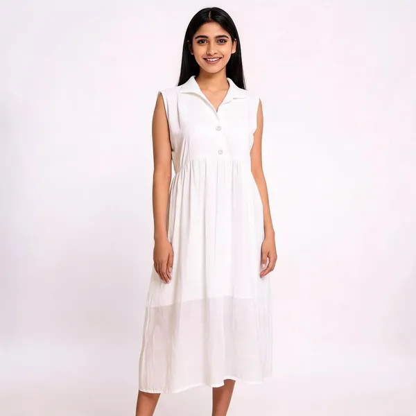 White_Mul_Cotton_Sleeveless_Button-Up_Collar_Midi_Dress_For_Women