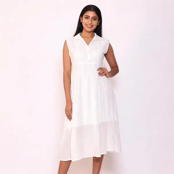 White_Mul_Cotton_Sleeveless_Button-Up_Collar_Midi_Dress_For_Women