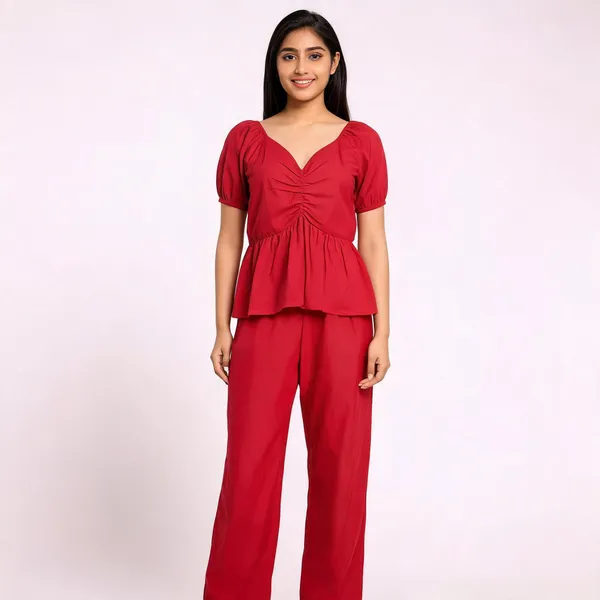 Red_Mul_Cotton_V-Neck_Peplum_Top_Co-Ord_Set_For_Women