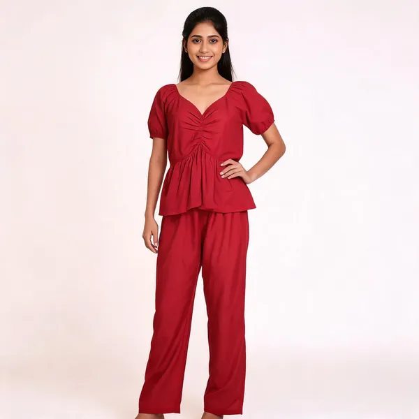 Red_Mul_Cotton_V-Neck_Peplum_Top_Co-Ord_Set_For_Women
