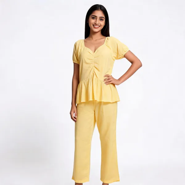 Yellow_Mul_Cotton_V-Neck_Peplum_Top_Co-Ord_Set_For_Women