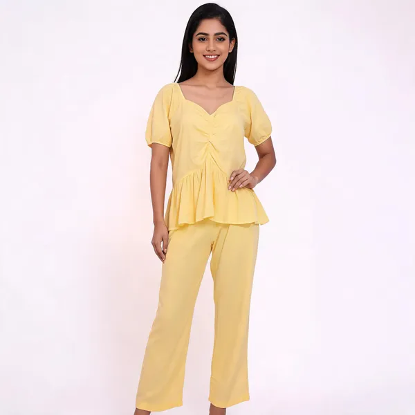 Yellow_Mul_Cotton_V-Neck_Peplum_Top_Co-Ord_Set_For_Women