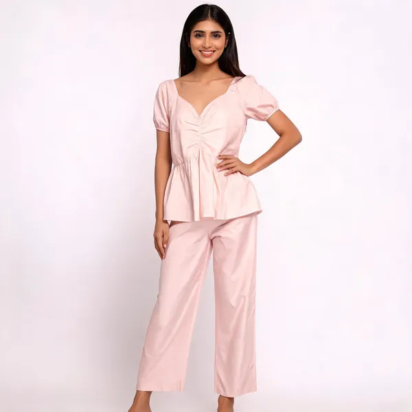 Blush_Pink_Mul_Cotton_V-Neck_Peplum_Top_Co-Ord_Set_For_Women